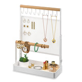IOAIANIA Jewelry Organizer Stand, Liftable Necklace Holder with Earring Organizer Net, 9 Hooks Necklaces Storage Wooden Handing Bar for Bracelets Watches Rings (White) IOAIANIA