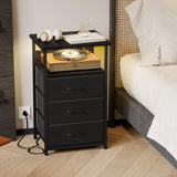 Fixwal Night Stand with Charging Station, LED Nightstand with USB Ports and Outlets, 3 Fabric Storage Drawers with PU Finish, Bed Side Table for Bedroom, Living Room, Black Fixwal