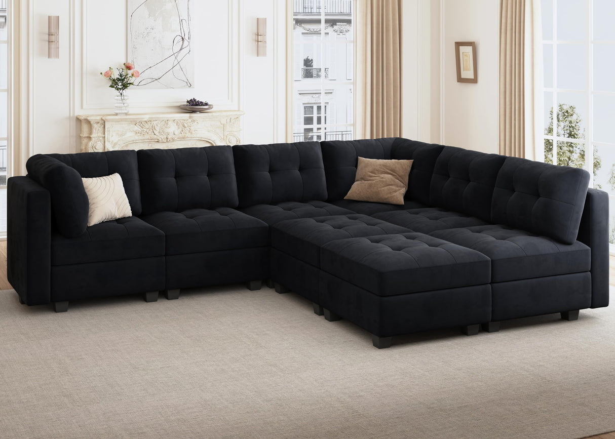 HONBAY Modular Sectional Sleeper Sofa with Storage, Velvet Modular Sofa Couch Oversized, 8-Seat Reversible Velvet Sleeper Sectional Sofa Bed for Living Room, Black HONBAY