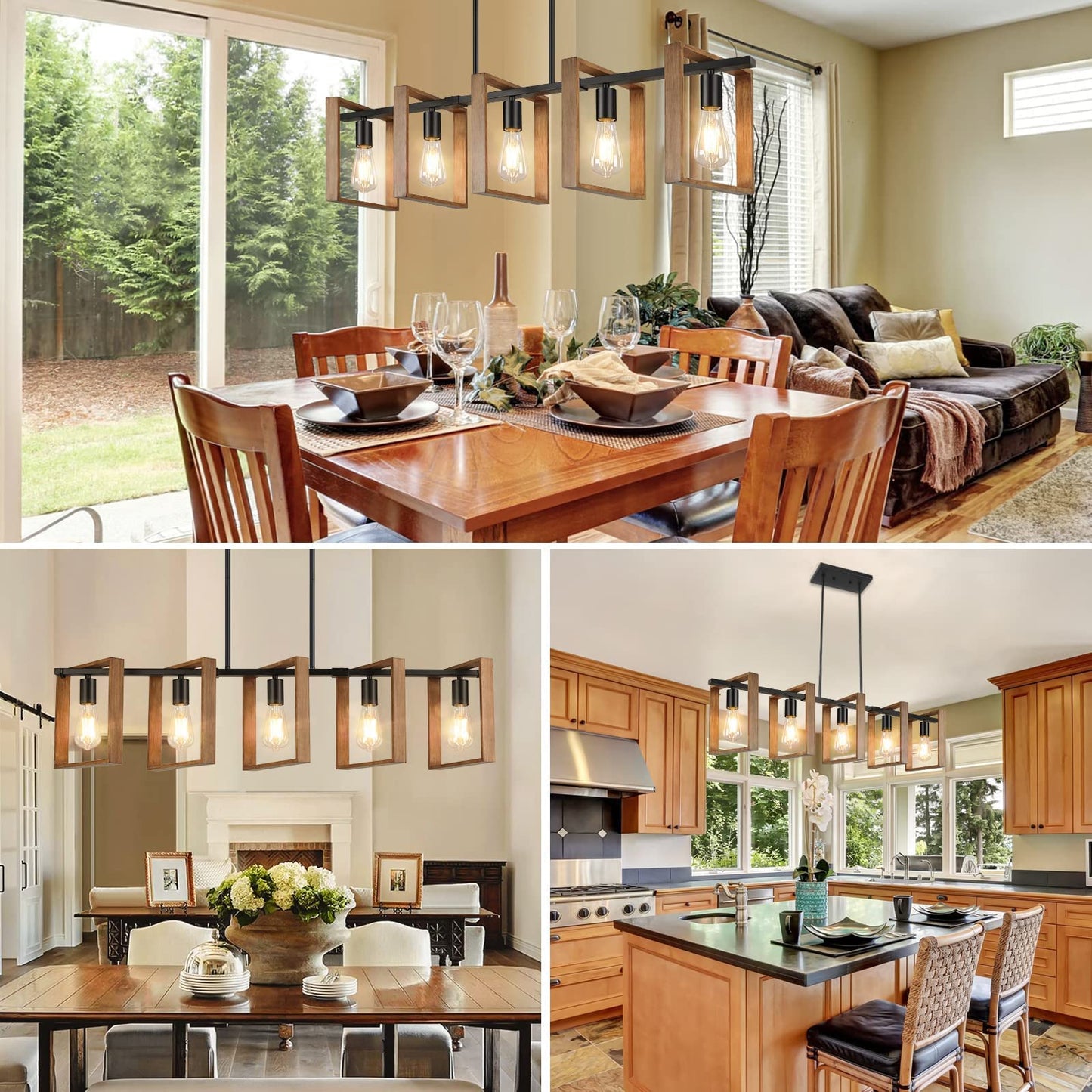 53’’ Farmhouse Kitchen Island Lighting, 5-Light Adjustable Dining Room Light Fixtures, Rustic Wood Chandeliers Black Hanging Light Fixtures for Kitchen, Pool Table Lights, Bulbs Not Included - WoodArtSupply