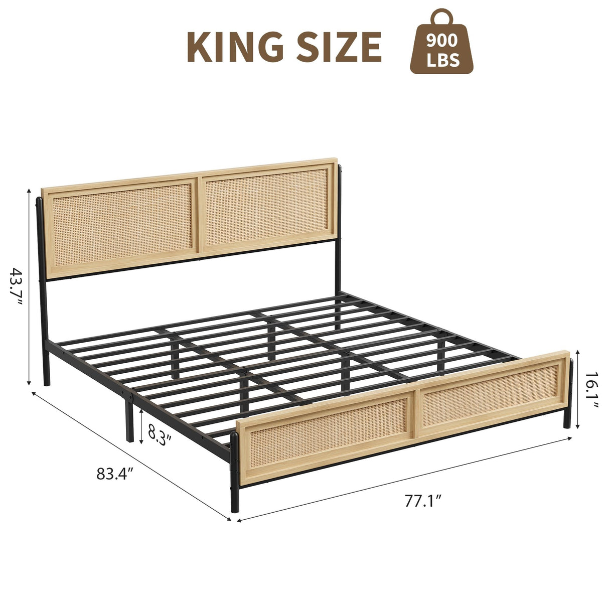 GarveeHome Boho King Size Bed Frame with Natural Rattan Headboard and Footboard, Wooden King Platform Bed No Box Spring Needed, 14 inch Noise-Free Easy Assemble Metal Bedframe GarveeHome