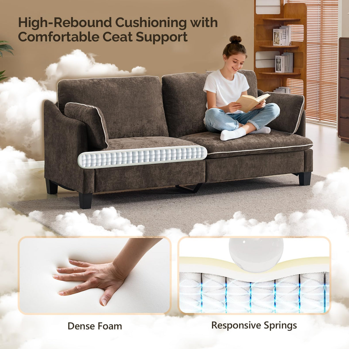 VINGLI 84" Oversized Comfy Two Seat Love Seat, 37" Extra Deep Seat Piping Design Loveseat Couch with Two Pillows, Linen Fabric Modern Small Sofa for Small Living Room, Bedroom, Brown VINGLI