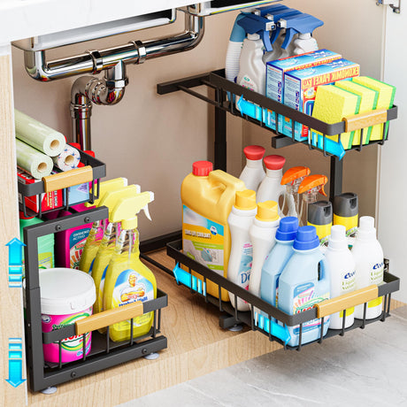 ADBIU Under Sink Organizer, 2 Pack 2 Tier Expandable Height (13.2" - 17.2") Pulling Out Kitchen Bathroom Cabinet Organizers ADBIU