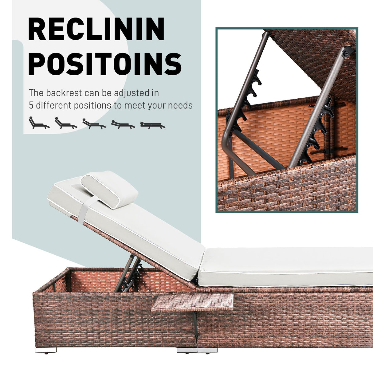 Rophefx Outdoor PE Wicker Patio Lounge Chairs Set of 2, Outside Rattan Pool Lounge Chair with Cup Holder & Adjustable Backrest, Brown Rattan Recliners for Poolside Deck Beach Yard (White Cushions) Rophefx