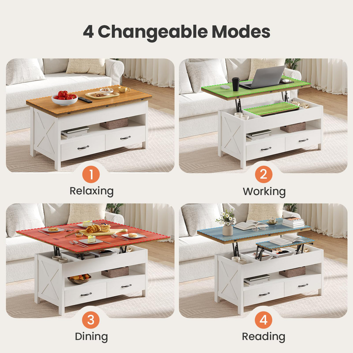 Amada Lift Top Coffee Table, 4 in 1 Convertible Coffee Table with Drawers and Hidden Compartment, Expandable Center Table Converts to Dining Table for Living Room, White & Oak AMADA HOMEFURNISHING