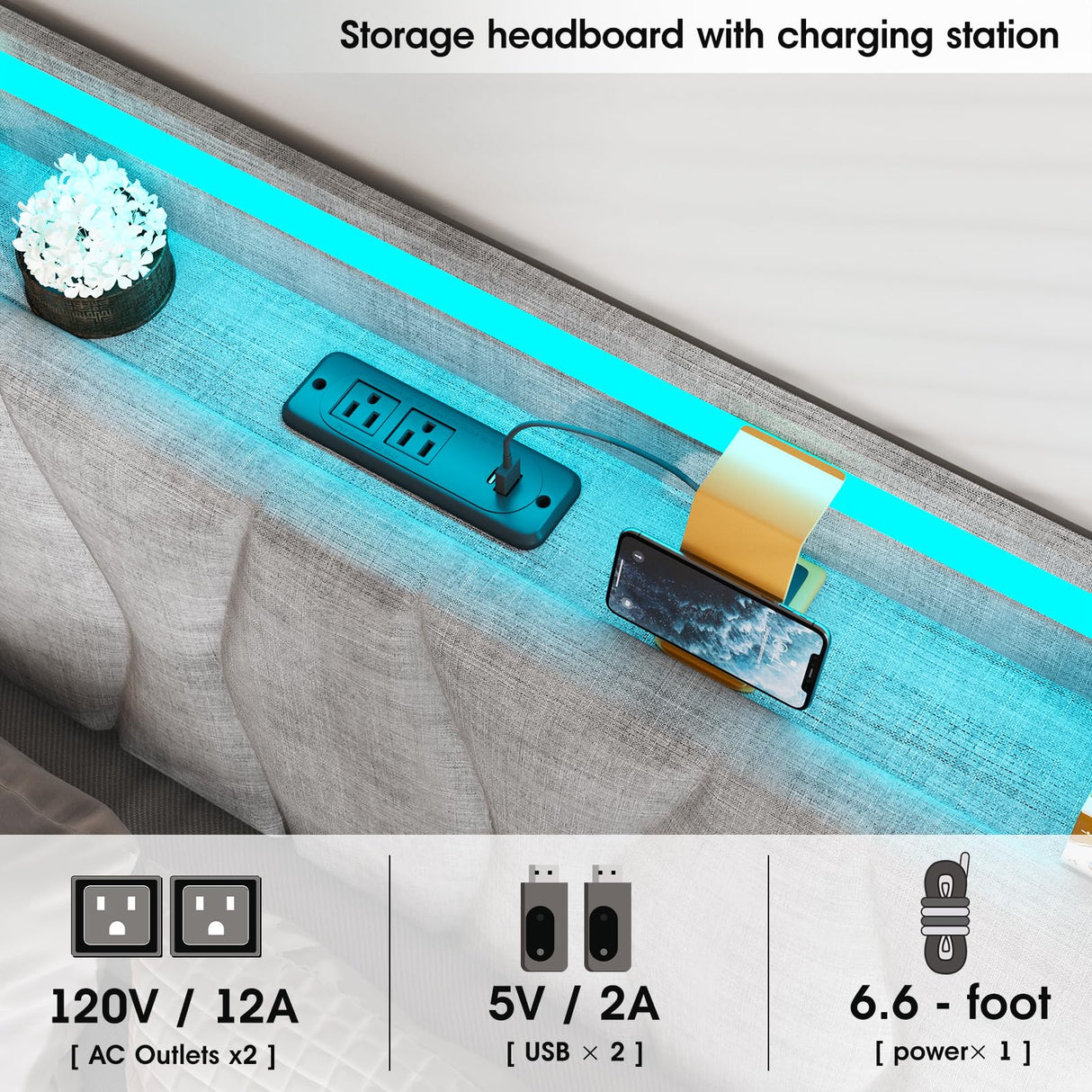 Twin Size Lift Up Storage Bed Frame with Adjustable Headboard, Charging Station, LED Lights, Wood Slats, Noise-Free, No Box Spring Needed, Light Grey Fameill