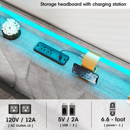 Twin Size Lift Up Storage Bed Frame with Adjustable Headboard, Charging Station, LED Lights, Wood Slats, Noise-Free, No Box Spring Needed, Light Grey
