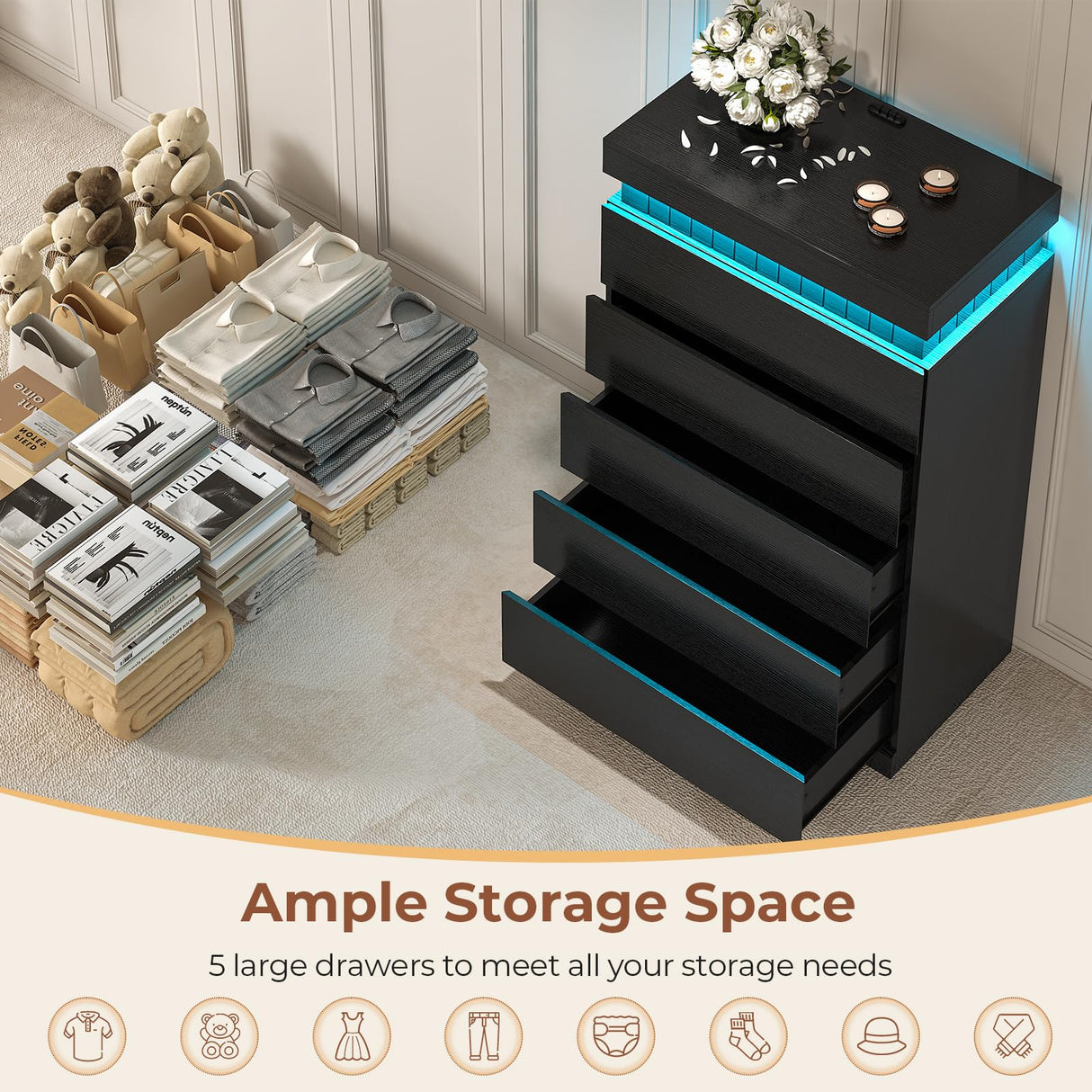 UPOSOJA Tall Black Dresser for Bedroom, Modern 5 Wood Drawers with LED Light and Power Outlet, Floating Dressers for Closet, Large Chest of Drawer for Living Room, Hallway, Entryway UPOSOJA