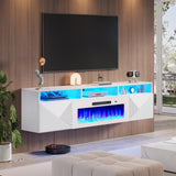 LUXOAK Floating TV Stand with 36" Electric Fireplace, 70 inch Wall Mounted Electric Fireplace Entertainment Center with Storage Space, TV Stand for Living Room for TVs Up to 80", All White LUXOAK