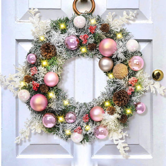 Christmas Wreath Decor - 16'' Christmas Wreaths for Front Door with Christmas Ball Ornaments Pine Cones Pine Needles Berries, Pink Christmas Door Wreath for Home Front Door Wall Christmas Decorations