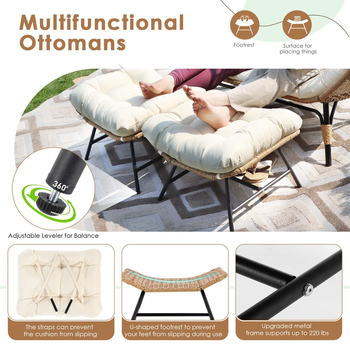 RADIATA Double Egg Chair with Footrests, 2 Person Wicker Lounge Chair with Thickened Cushion and Legs, Outdoor Wide Loveseat for Patio Garden Porch Indoor 680 lbs Weight Capacity (Beige with ottomans) RADIATA