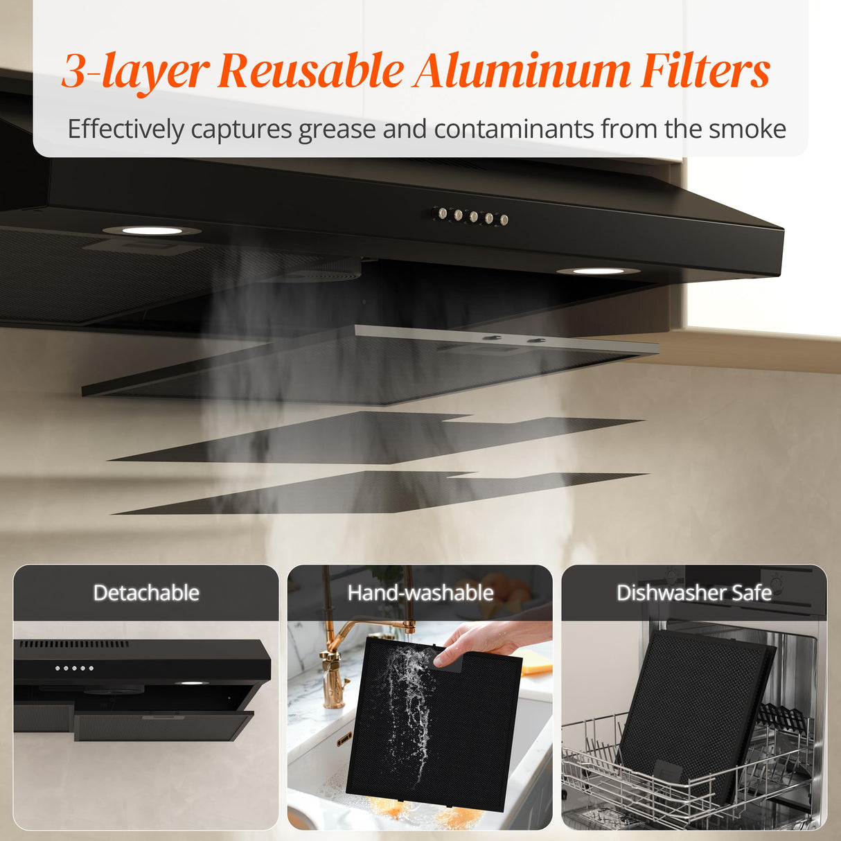 FIREGAS Black Range Hood 30 Inch Under Cabinet, Ducted/Ductless Convertible Kitchen Hood, 300 CFM, 3 Speed Exhaust Fan, Brushless DC Motor, Stove Hood Vents for Kitchen with LED Lights FIREGAS