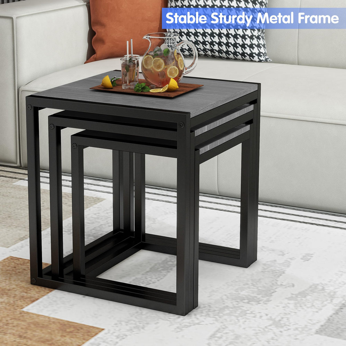 HAHRIR Nesting Table Set of 3 Side Tables, Modern Coffee Table Stacking End Table with Metal Frame (A-Square, Grey) HAHRIR