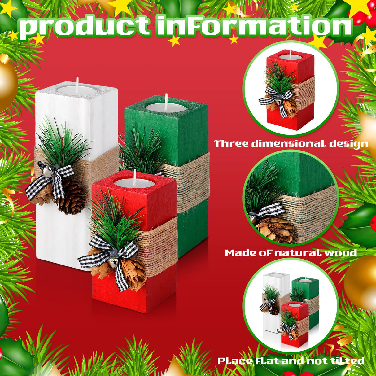 Sliner 3 Pcs Christmas Candle Holders with Candles Wooden Xmas Tealight Candle Holders Decorations Red White Green Votive Wood Candlestick for Christmas Table Centerpiece Decor Xmas Gifts Sliner
