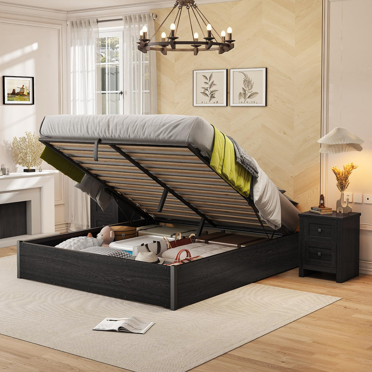 AMERLIFE Dark Oak Lift-Up Storage Bed Frame - Queen Size with Ample Under-Bed Storage AMERLIFE
