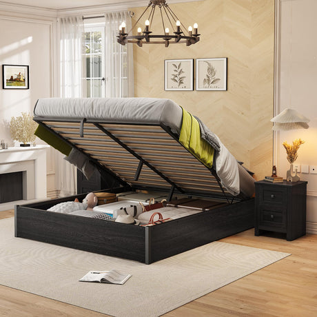 AMERLIFE Dark Oak Lift-Up Storage Bed Frame - Queen Size with Ample Under-Bed Storage AMERLIFE