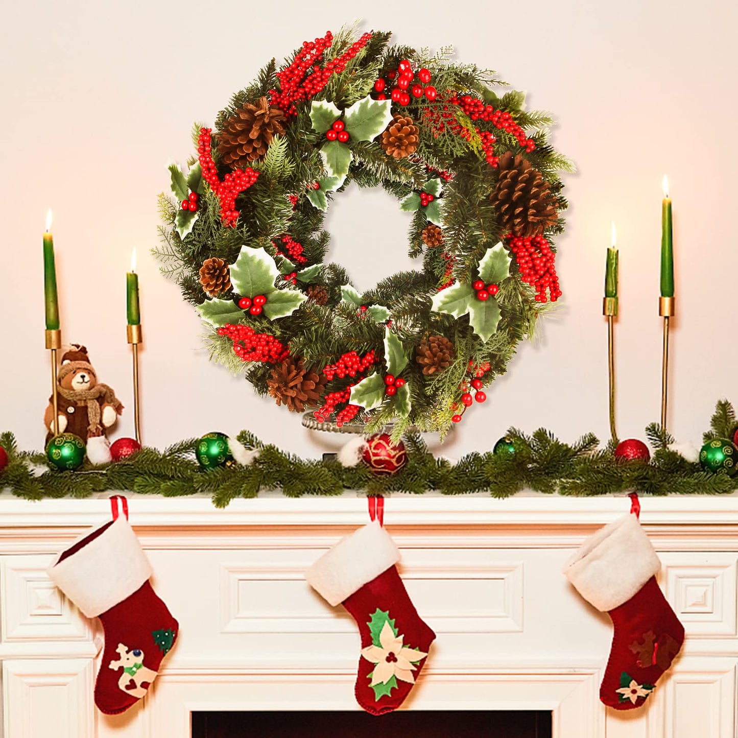 Christmas Wreath Front Door 24 Inch Artificial Christmas Wreath with Berry and Pine Branches Christmas Decorations Indoor and Outdoor Holiday Decorations