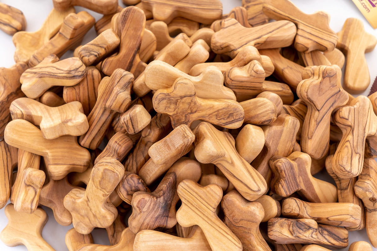 Zuluf 100 Small Olive Wood Comfort Crosses from Bethlehem Israel | Pocket Holding Crosses | Comes With 100 Holy Land Certificates 6cm / 2.5 Inch Each Cross - CRS301 Zuluf