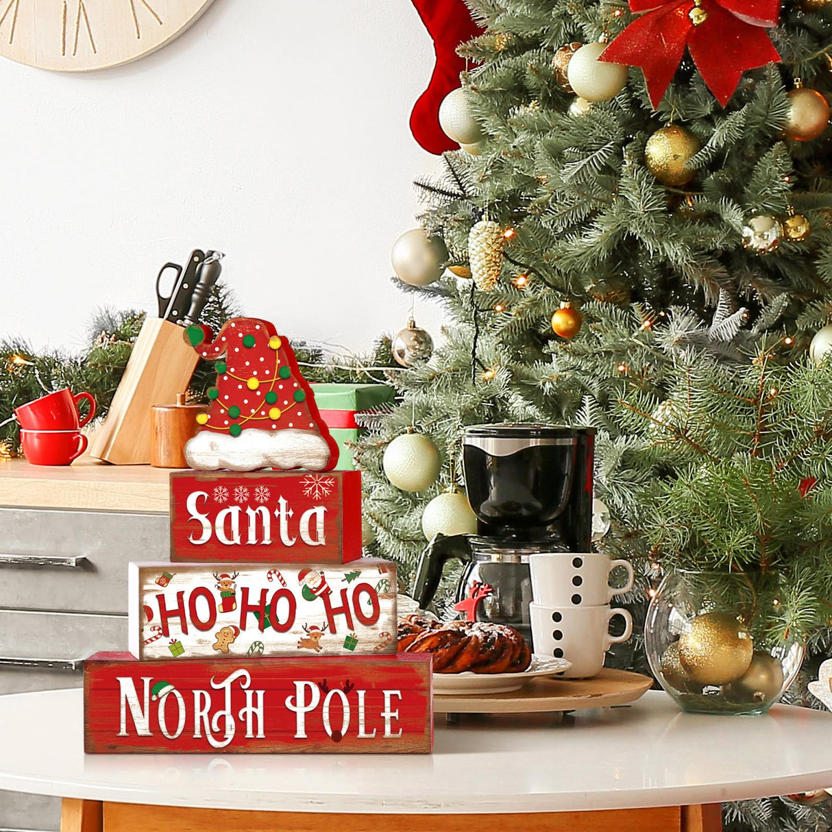 Moucuny 4 Pcs Christmas Table Decorative Signage Santa Hat Ho Ho Ho Wooden Blocks Christmas Tabletop Decor Wooden Block Sign Tiered Tray Decor Christmas Centerpieces Table Decor for Christmas Home Moucuny
