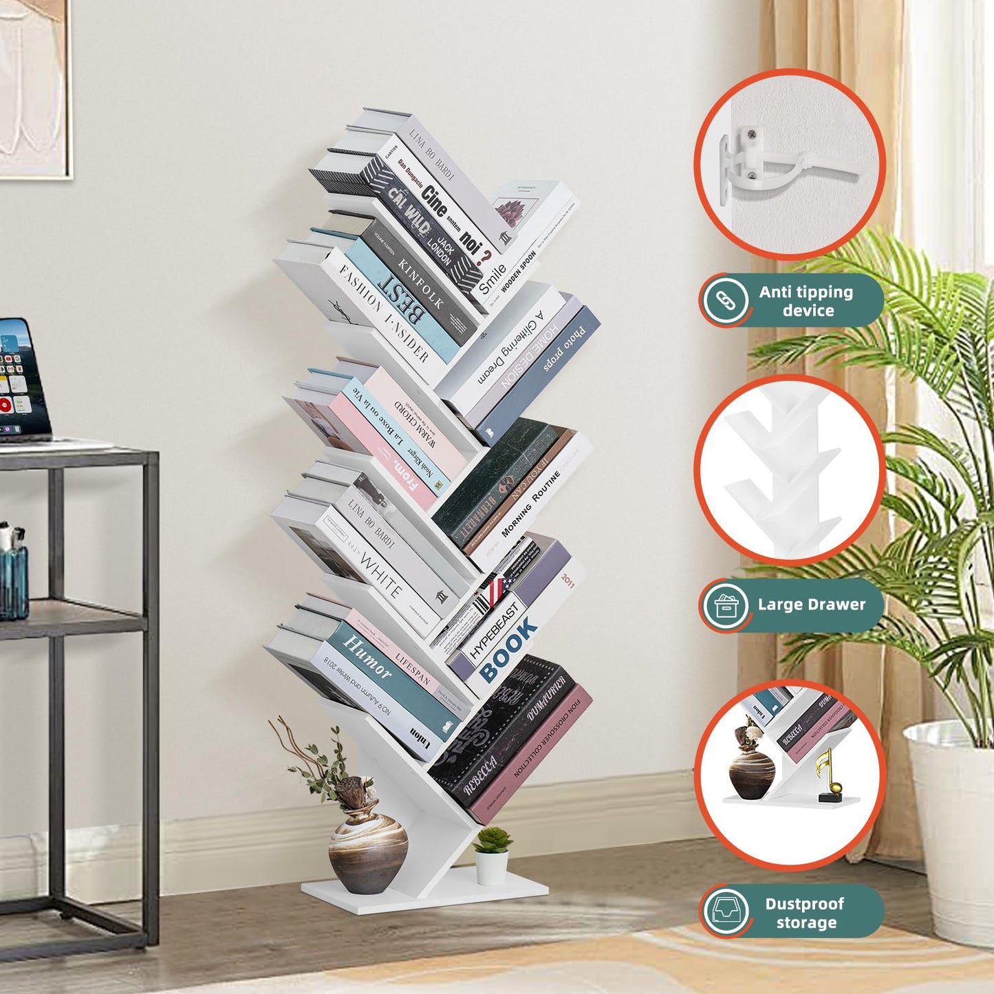 SHEEPAM 10 Tier Tree Book Shelf, Floor Standing Wood Bookshelf for Narrow Space, Storage Organizer Bookshelves for Books/CDs/Magazine, Bookcase with Shelves for Home Office, Living Room - White