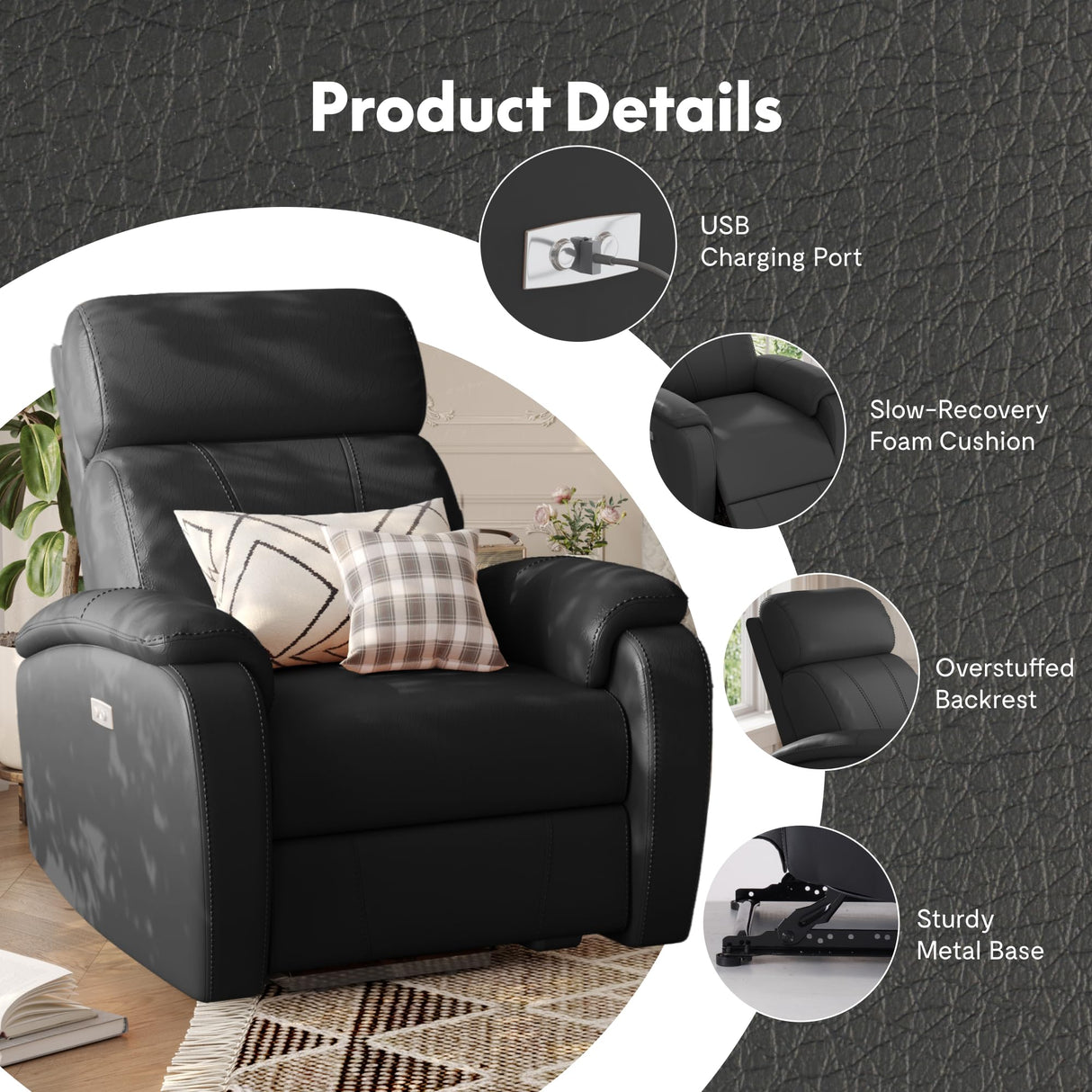 FLEXISPOT X3 Power Recliner Chair, Adjustable Electric Recliner with USB Port, Thick Cushion & Padded Back, Comfortable Faux Leather Chair for Living Room Bedroom Home Theater (Black) FLEXISPOT