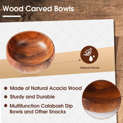 Skylety Acacia Wooden Bowls Small Calabash Bowls Round Wood Salad Hand Carved Calabash Dip Tray for Serving Popcorn Pasta Candy Cereal Coconut Nuts Sauce Appetizers Kitchen(10 Pcs,4 Inch)