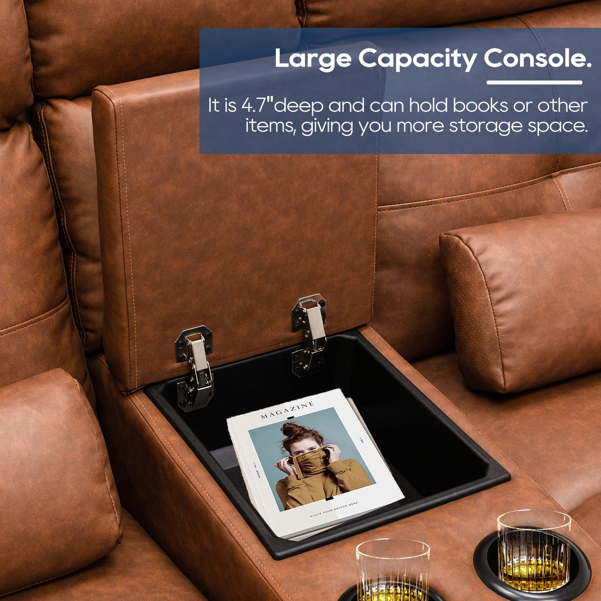 RIHEREFY 68'' RV Loveseat Recliner Sofa| RV Power Reclining Loveseat with Console & Cup Holder | RV Double Recliner Sofa | RV Theater Seating Loveseat(PU, Brown) RIHEREFY