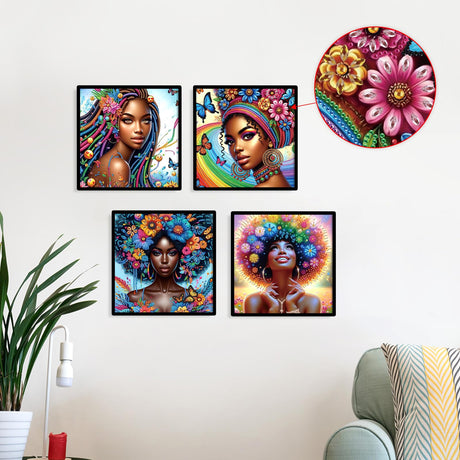 4pcs DIY Diamond Art Painting Kit- African American beauties, 5D Diamond Art Crafts, Suitable for Beginners, Suitable for Home, Art Wall, and Festival Party Decoration, Creative Home Decoration Gifts MVVMTOP