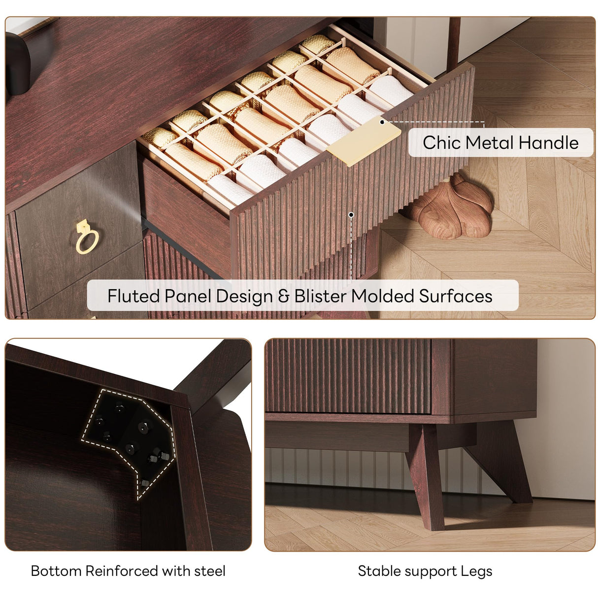 LIKIMIO Dresser for Bedroom 9 Drawers with LED Light, 55" Wide Fluted Chest of Drawers, Wood Closet Organizer, Curved Profile Design, TV Stand for Living Room, Hallway, Walnut with Brown LIKIMIO