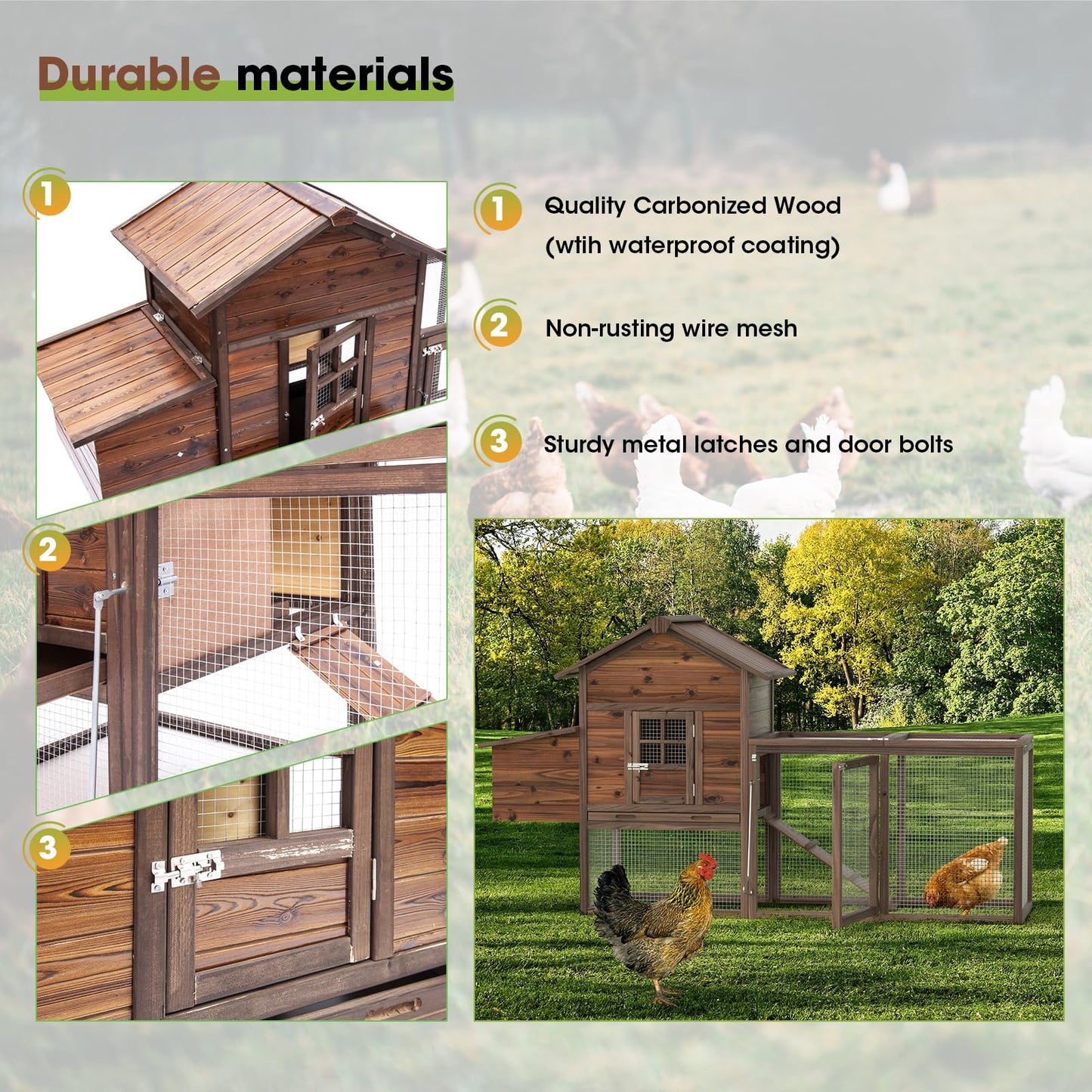 160IN Chicken Coop Wooden Large Hen House for Chickens, Waterproof Outdoor Poultry Cage for Small Animals with Upgraded Nesting Box(Brown)