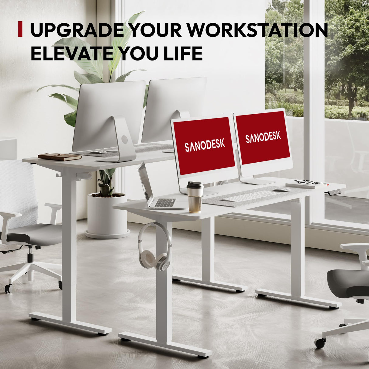 SANODESK Electric Standing Desk 55 x 28 Inches Whole-Piece Desktop Height Adjustable Stand Up Desk w/6-Button Controller Ergonomic Computer Desk for Home Office, White Frame + White Tabletop SANODESK