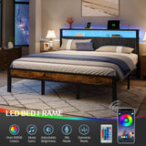 Liians King Size Platform Bed Frame with LED Lights, Grey Upholstered Headboard with 2-Tier Storage Shelves, Charging Station, Noise Free, No Box Spring Needed, Easy Assemably Liians