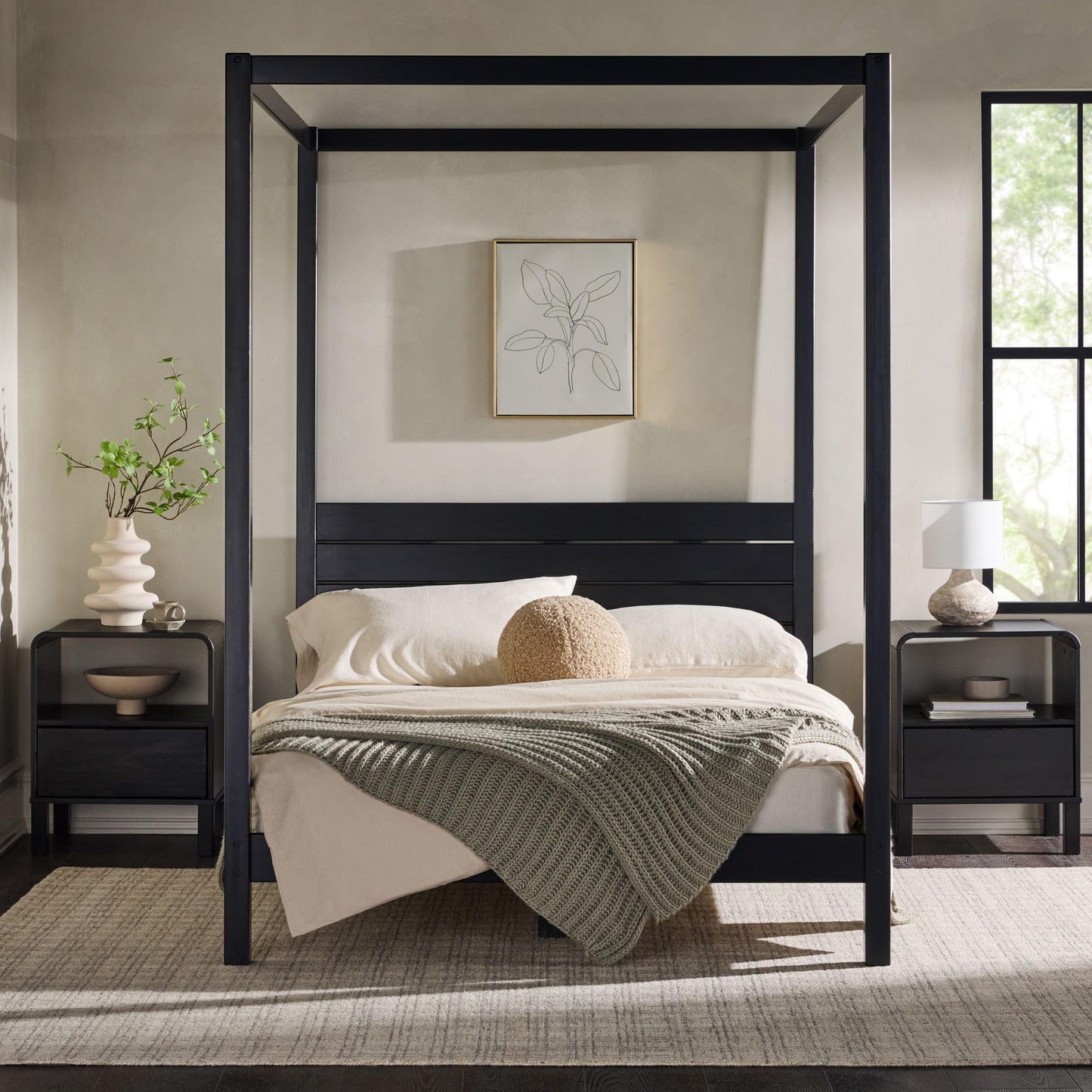 Walker Edison Full Minimalist Solid Wood Canopy Bed, Full Size, Black