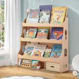Himold Wooden Kids Bookshelf, Book Shelf for Kids Rooms w/Scalloped Edges, Durable Childrens Bookshelf with 3 Cube Bins for Books & Toys - Toddler Montessori Bookcase Nursery Himold