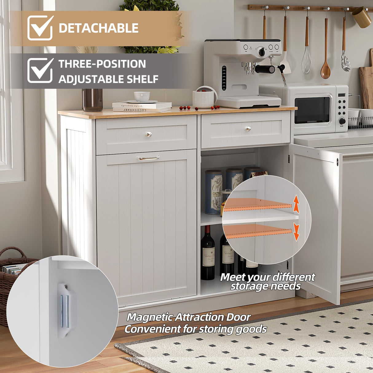 Ancohom Double Tilt Out Trash Cabinet 13 Gallon Kitchen Waste Bins, Laundry Hamper Tilt Out Freestanding Pet Proof Trash Can Garbage Can Holder for Living Room Dining Room (White) Ancohom