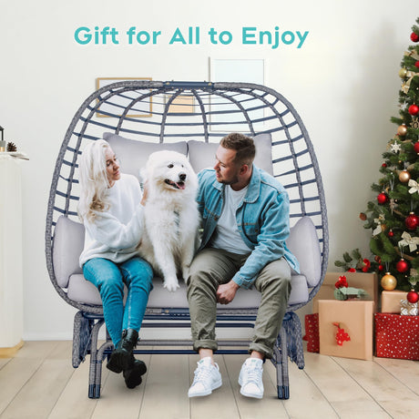 Outdoor Double Egg Chair Patio Chairs - 500lbs Capacity for 2 Person, Oversized Wicker Rocking Glider Chair with Steel Stand, Hand-Woven Lounge Chair Nest Loveseat for Indoor, Porch, Backyard, Balcony Brafab