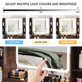 Vabches Makeup Vanity Desk, Vanity Mirror with Lights Desk and Chair,Makeup Table with 3 Large Drawers and 2 Cabinets, Time and Temperature Display, 3 LED Lighting Modes Adjustable, Brown Vabches