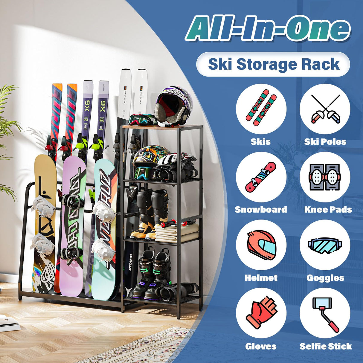 Freestanding Snowboard Rack - 4 Pair Ski, 3 Pack Snowboard, Boot, Pole, Goggles, Helmet Rack for Garage, Shed, Basement Lurgno
