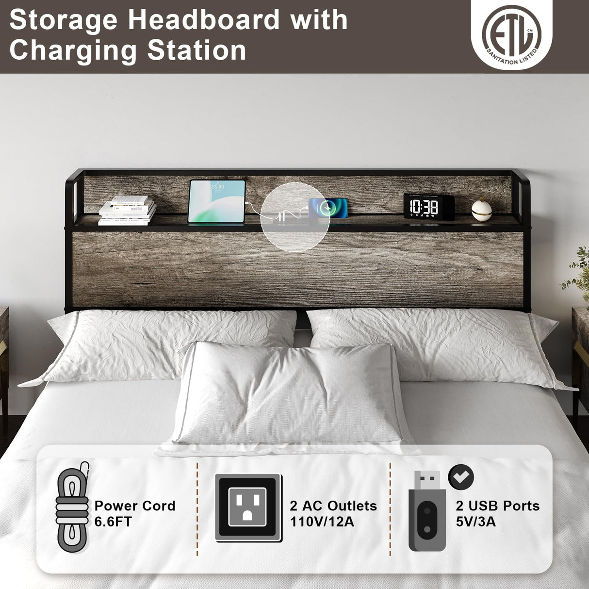 AMERLIFE King Size Lift Up Storage Bed Frame, Wooden Platform Bed Frame with Lifting Storage & Charging Station, No Spring Box Needed/Noise Free, Rustic Grey AMERLIFE