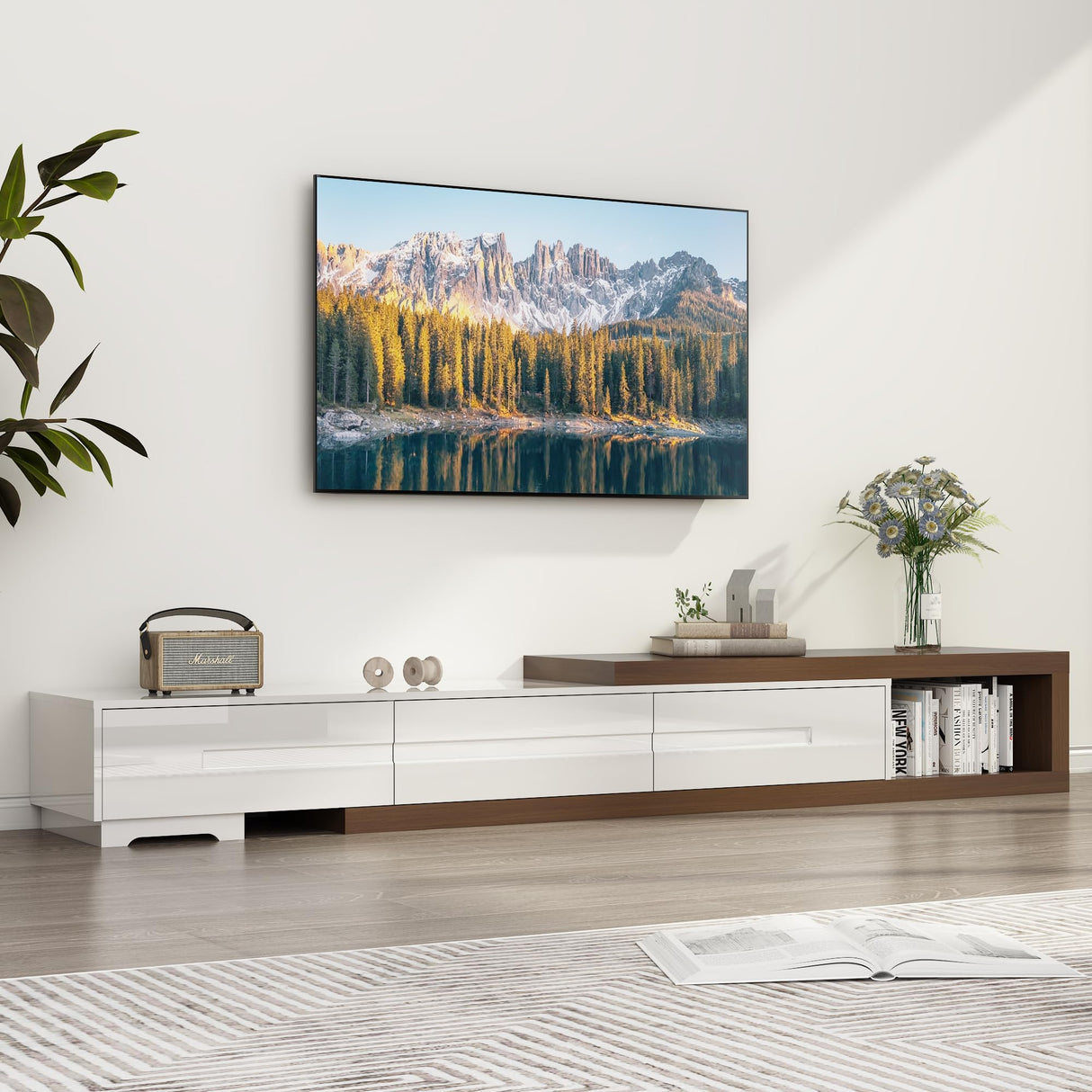 Hlivelood Extendable TV Stand, Modern Entertainment Center for Up to 120 Inch TV, Wood Reversible TV Media Console with 3 Drawers for Living Room Bedroom, 82-110" Hlivelood