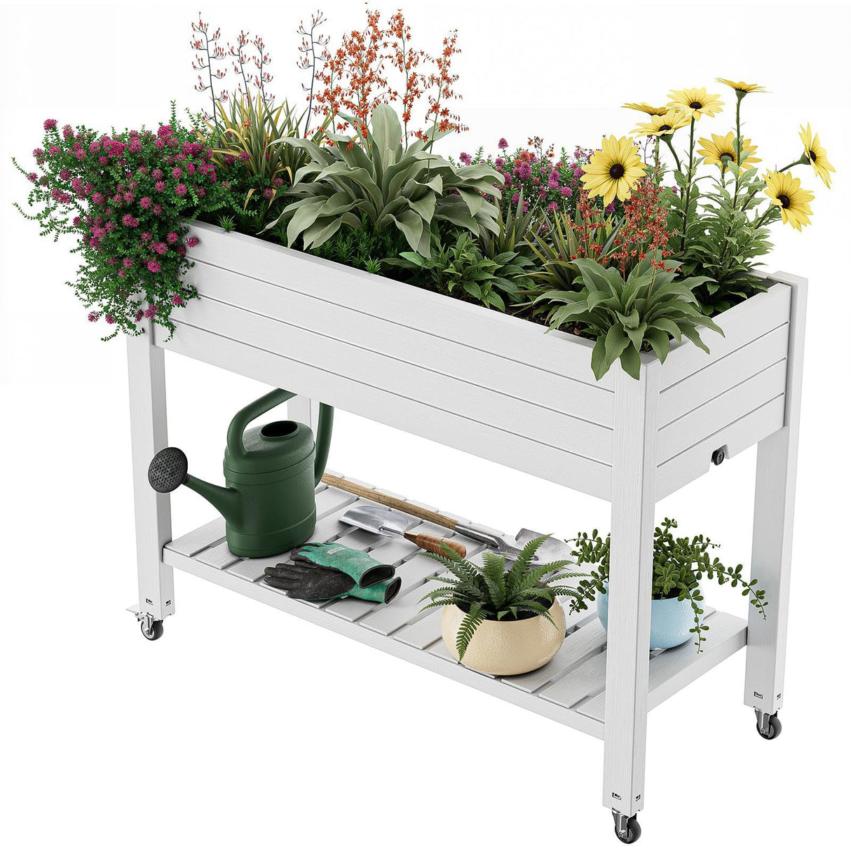 GYMHILL Elevated Raised Garden Bed with Wheels,Outdoor Large Resin Patio Planter Box Stand Divisible with Drain Plug,Water Monitor for Plants Vegetables Flowers Fruits(Ashen) GYMHILL