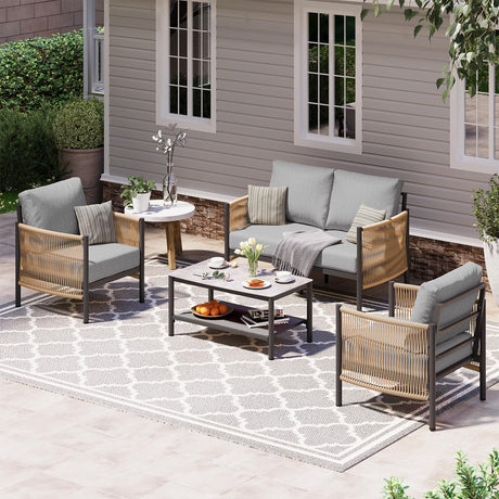 Oasbira Aluminum Outdoor Patio Furniture Set, HDPE Rope 4 Piece Modern Sectional Conversation Sets with Dual-Layer Coffee Table, All Weather Patio Couch Sofa with Thick Cushions, Gray Frame, Gray Oasbira