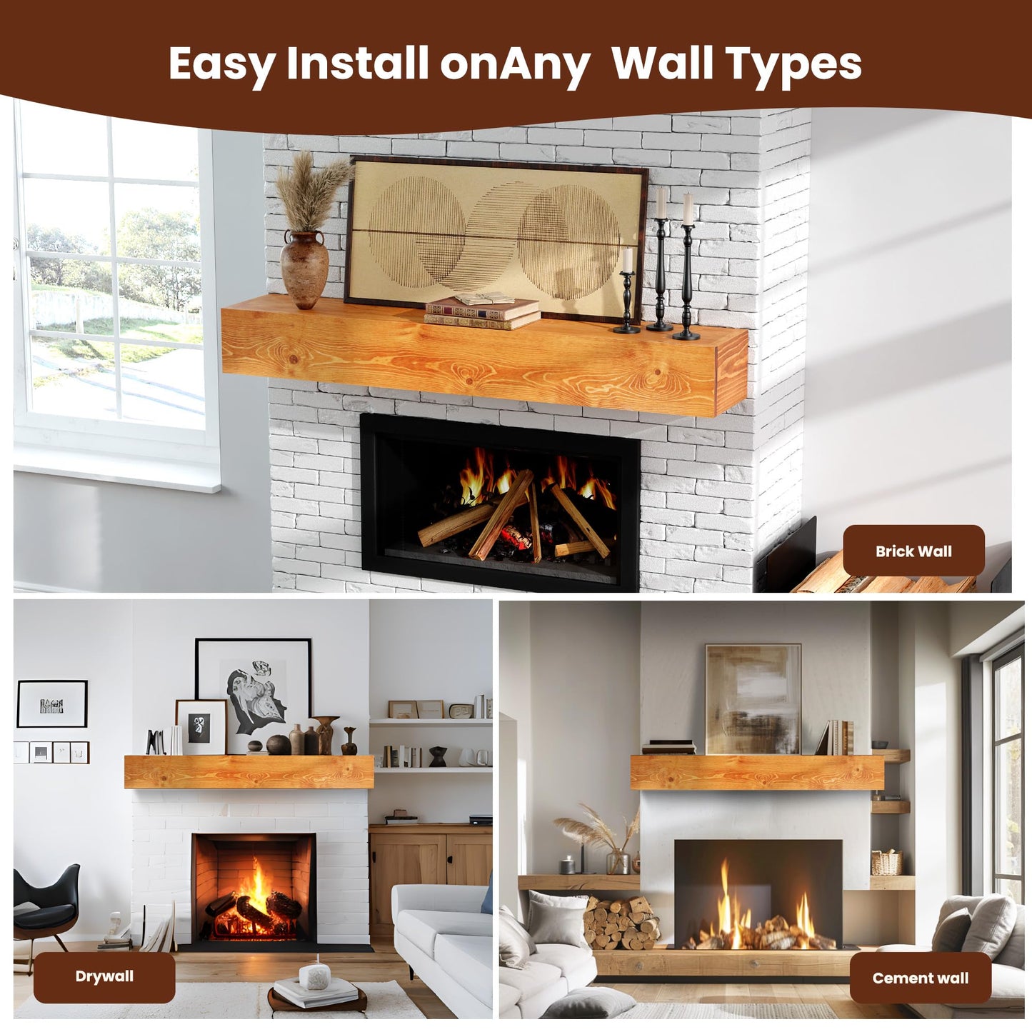 COSHOMER Fireplace Mantel - Floating Mantel Shelf, Wood Mantels for Over Fireplace, Wall-Mounted Mantels, Weight Capacity 60lbs, 60 X 9 X 6 inch, Oak