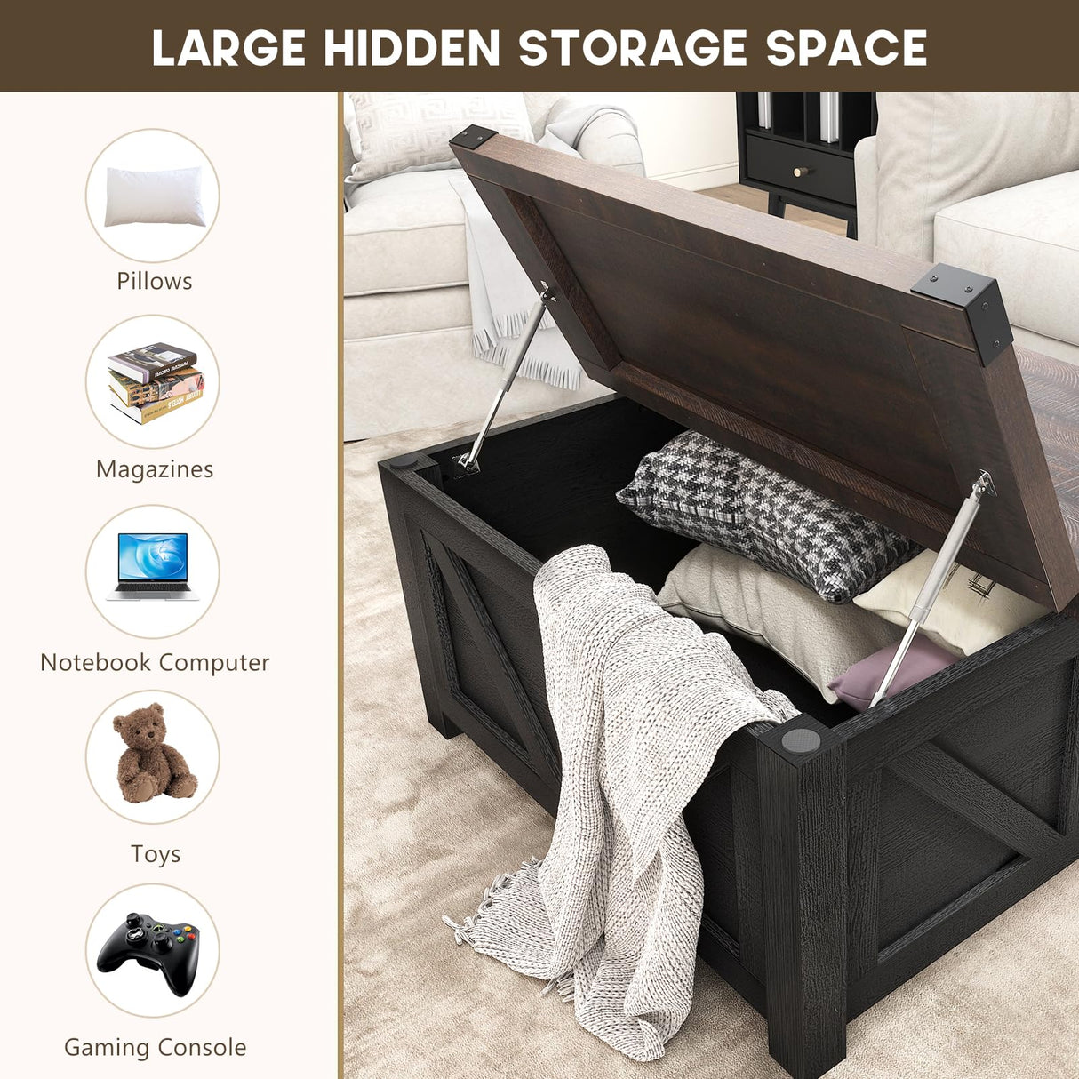 jimeimen Farmhouse Lift Top Coffee Table with Storage, Wood Square Center Table with Charging Station&USB Ports, Living Room Central Table w/Large Hidden Space, for Living Room, Bedroom,Home Office jimeimen