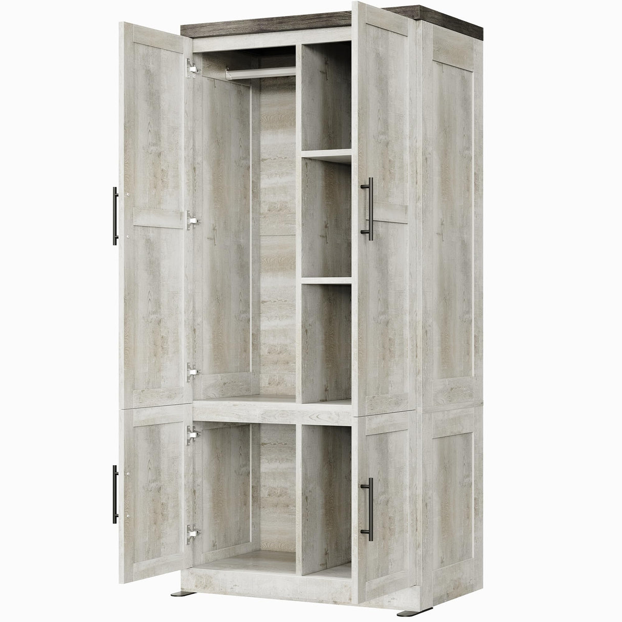 LIKIMIO Large Wardrobe Closet, Farmhouse Clothing Storage Cabinet with Hanging Rod and 2 Doors, Wooden Tall Bedroom Armoires with Storage Shelves, Rustic White LIKIMIO