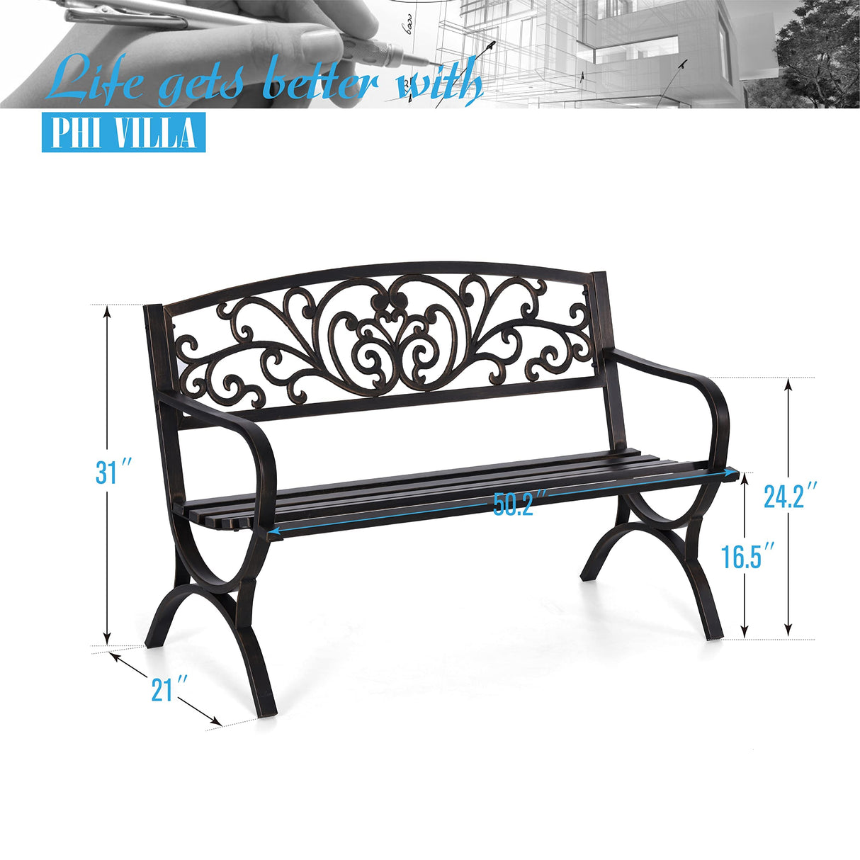 PHI VILLA 50Inch Cast Iron Steel Frame Garden Bench Patio Furniture Chair Outdoor Bench w/Floral Design Backrest, Slatted Seat for Park, Yard & Porch, Bronze PHI VILLA