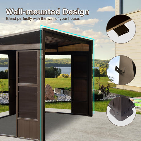Domi 8x12FT Sun Room, Wall Mounted Gazebo Solarium with Galvanized Steel Sloping Roof, Moveable PC Screen, Front Door & 2 Side Entrance, Outdoor Aluminum Lean-to Sunroom for Patio Deck domi outdoor living