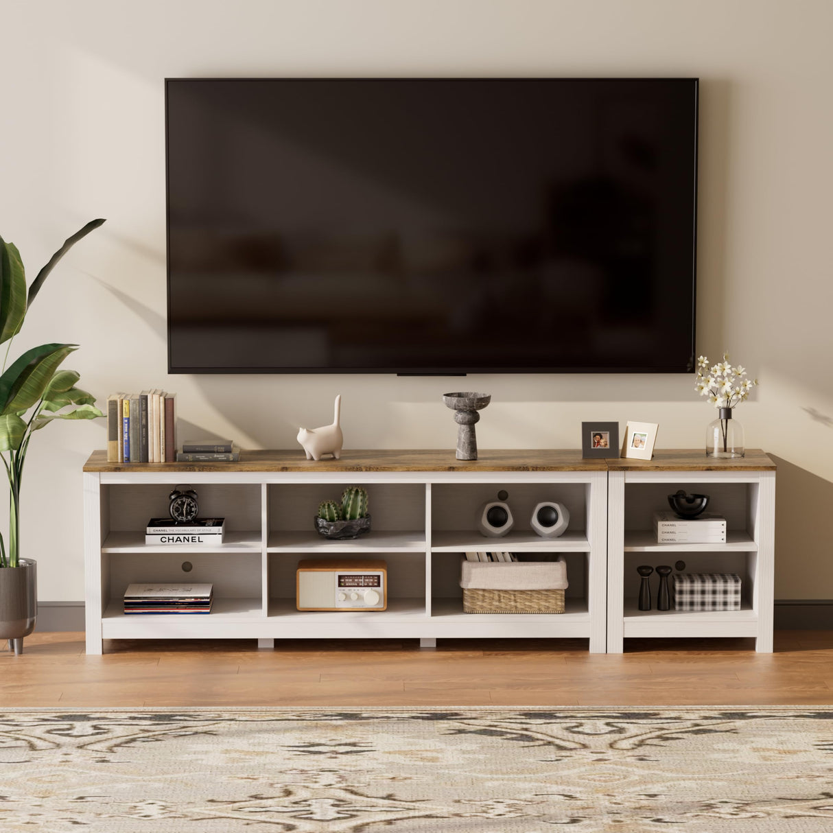 BVIUNTWO TV Stand for 85 Inch TV, White Entertainment Center for 80 inch TV Console Table with 8 Cubby Storage for Living Room Bedroom BVIUNTWO