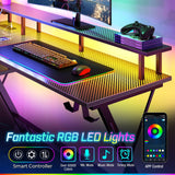 SEVEN WARRIOR Gaming Desk with LED Lights & Power Outlets, 39" Computer Desk with Monitor Stand & Storage Shelf, Gaming Table with Earphone Hook, Office Desk with Footrest, Carbon Fiber Black SEVEN WARRIOR