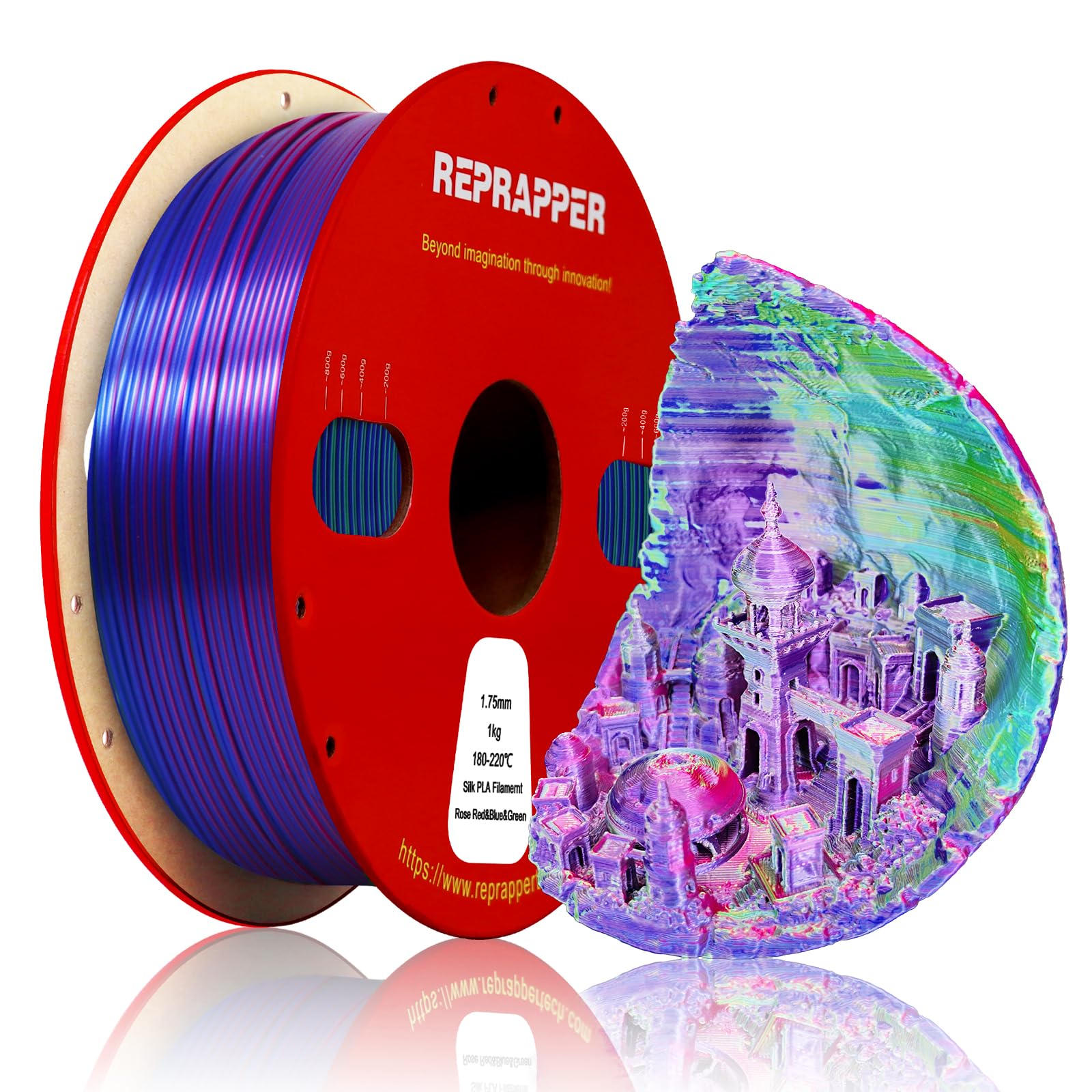 Reprapper Tri Color PLA Filament, Coextrusion 1kg PLA 1.75mm for 3D Printer, Multicolor Like Dual Color Rainbow PLA 3D Printer Filament, 2.2lbs, Silk PLA Green/Blue/Rose Red - WoodArtSupply